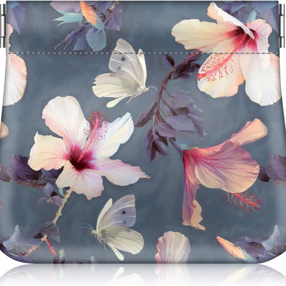 Squeeze Coin Purse, PU Leather Coin Pouch Change Holder for Woman Blooming Hibis